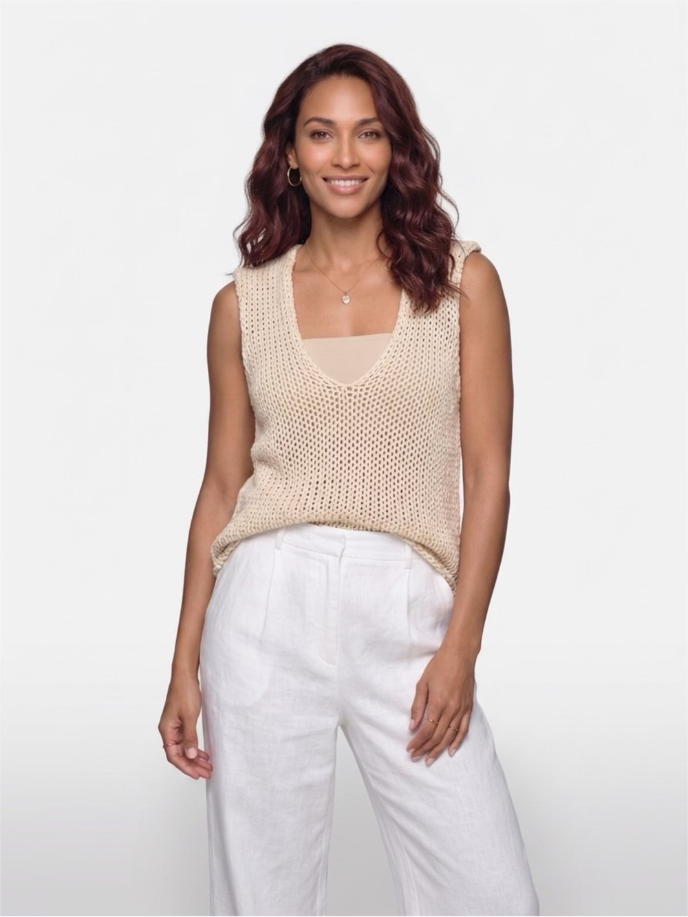 Chic Suzy D London Open-Knit V Neck Tank Top Pullover  One Size Ivory Beige